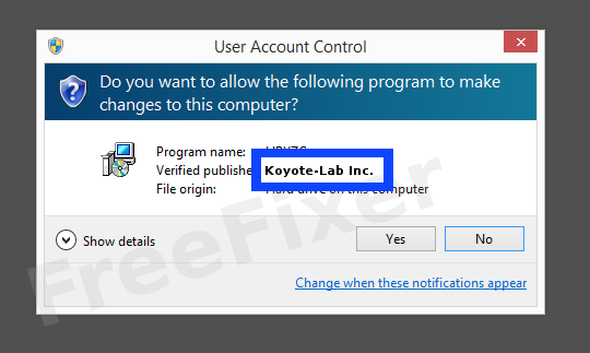 Screenshot where Koyote-Lab Inc. appears as the verified publisher in the UAC dialog